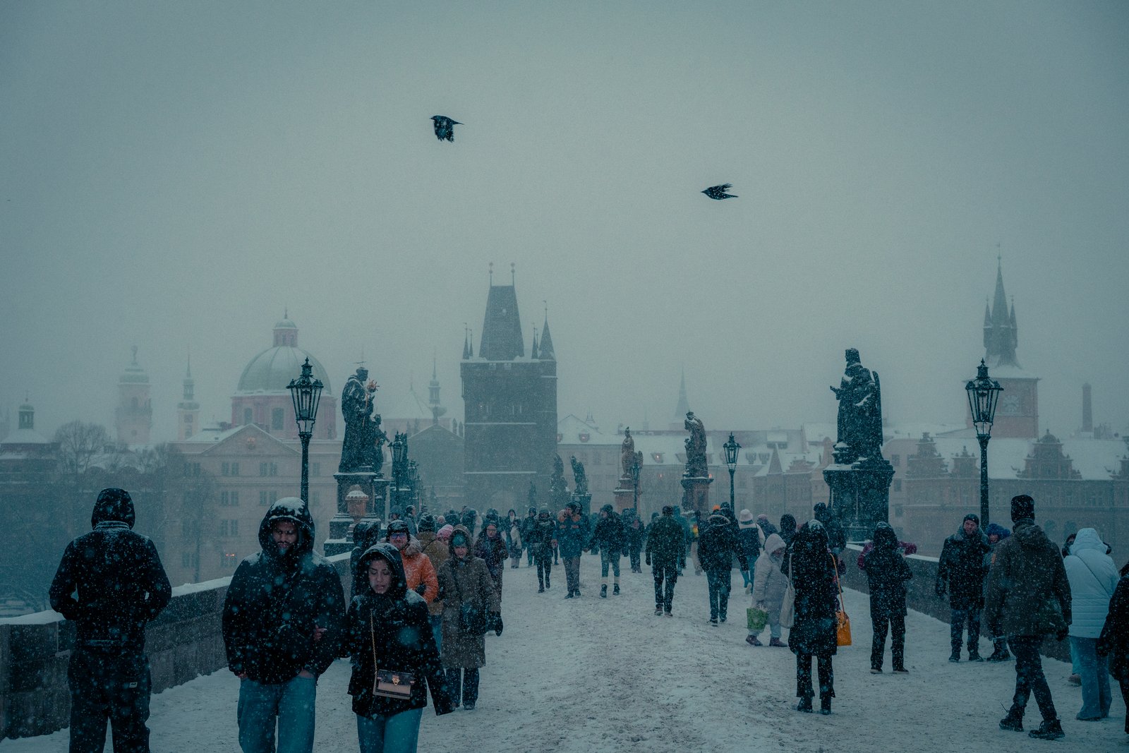 Charles Bridge in snow, Prague